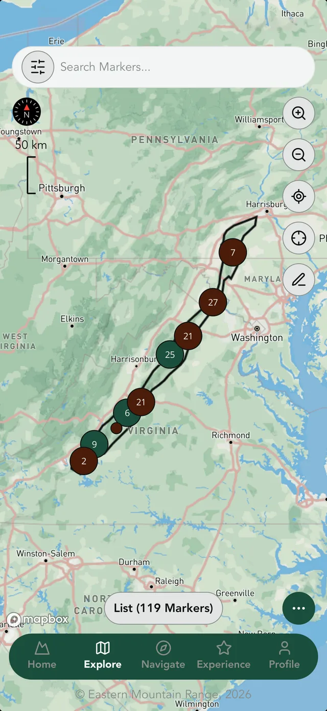 Regional map with wilderness pins and local places in the native app.