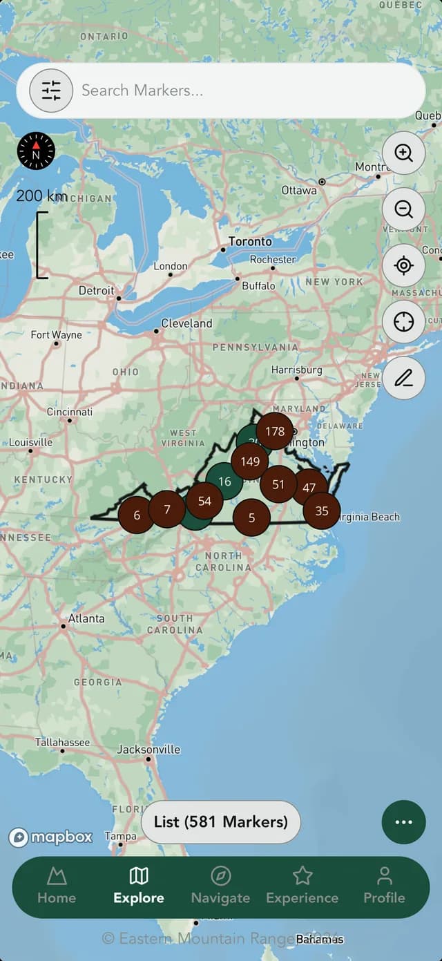 Explore map with recreation and culture markers in the native app.