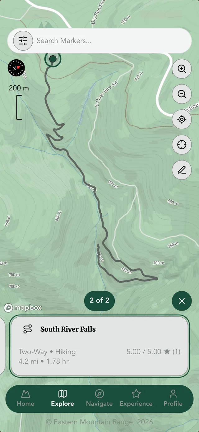 Wilderness route and terrain map in the native app.