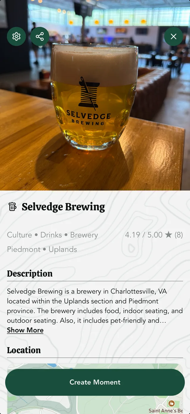 Selvedge Brewing place details and photograph in the native app.