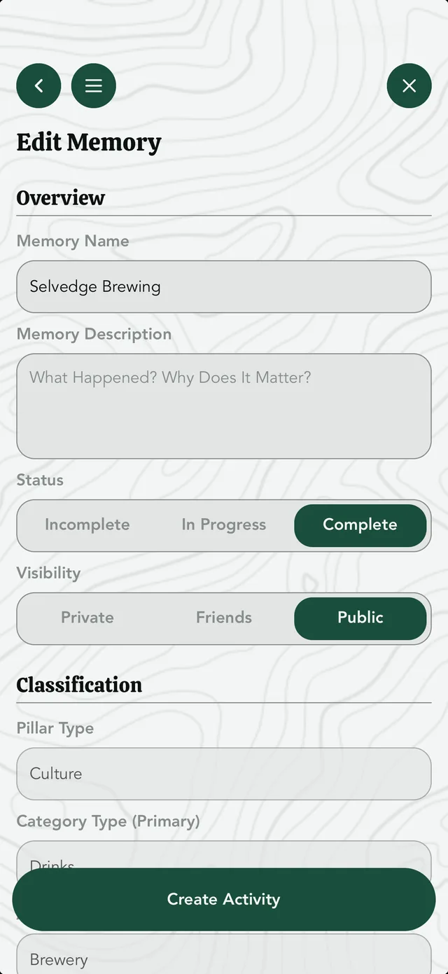 Memory form with activity and visibility controls in the native app.